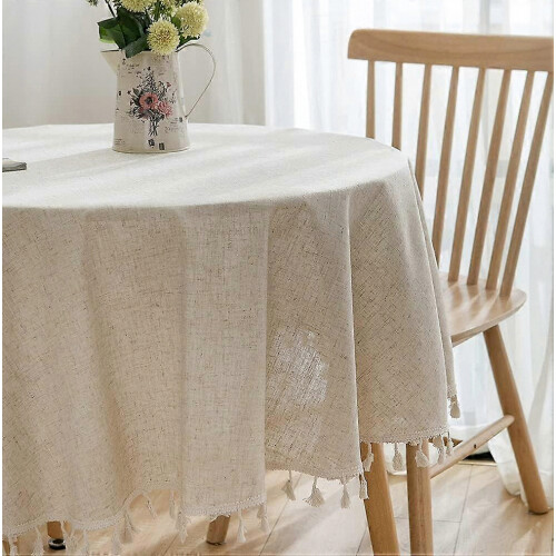 Solid Round Tablecloth with Tassels for Table Decoration(Round 60 Inch, Beige) 2