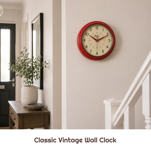 Vintage 50s Style Round Red Wall Clock Decor 2