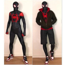 (140CM/4'7'') Spiderman Miles Morales Halloween Costume Cosplay Mens Jumpsuit Spandex Bodysuit