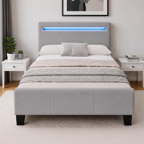 Comfy Living (3ft Single, With Lucy Mattress) Light Grey Fabric Modern Bed Frame With LED 3ft 4ft 4ft6 5ft 1