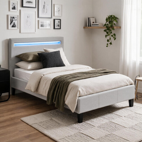 Comfy Living (3ft Single, With Lucy Mattress) Light Grey Fabric Modern Bed Frame With LED 3ft 4ft 4ft6 5ft