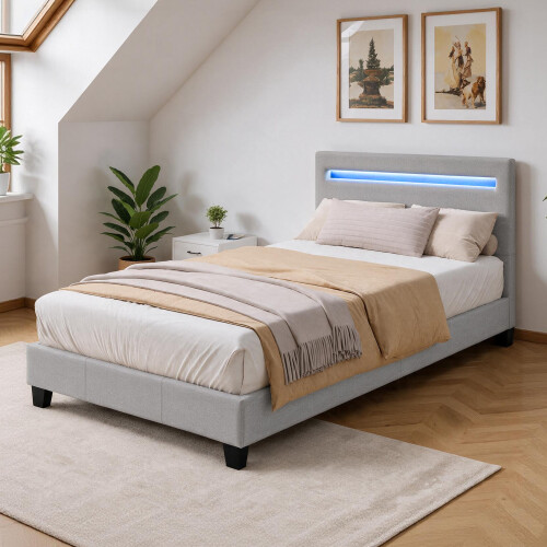 Comfy Living (3ft Single, With Kerri Mattress) Light Grey Fabric Modern Bed Frame With LED 3ft 4ft 4ft6 5ft 2