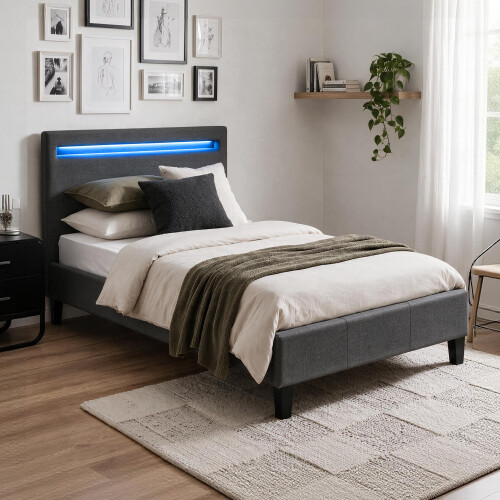 Comfy Living (3ft Single, No Mattress) Dark Grey Fabric Modern Bed Frame With LED 3ft 4ft 4ft6 5ft