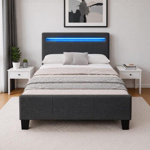 Comfy Living (3ft Single, No Mattress) Dark Grey Fabric Modern Bed Frame With LED 3ft 4ft 4ft6 5ft 1