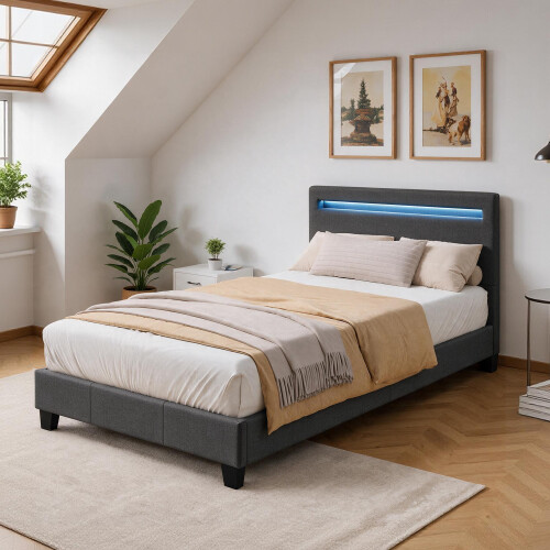 Comfy Living (3ft Single, No Mattress) Dark Grey Fabric Modern Bed Frame With LED 3ft 4ft 4ft6 5ft 2