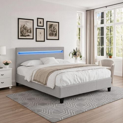 Comfy Living (4ft Small Double, With Kerri Mattress) Light Grey Fabric Modern Bed Frame With LED 3ft 4ft 4ft6 5ft 2