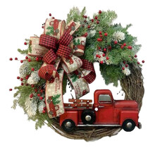 Couronne de NoëL de Camion Rouge en Bois, DéCoration Suspendue de Couronne de NoëL Vintage, Pour la RéColte D'Automne, Thanksgiving 1 PièCe