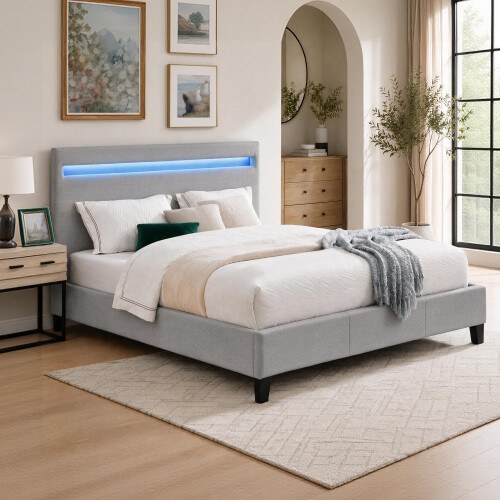 Comfy Living (4ft6 Double, No Mattress) Light Grey Fabric Modern Bed Frame With LED 3ft 4ft 4ft6 5ft