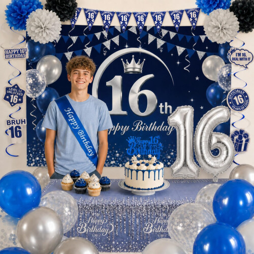 11th Birthday Decorations Blue Silver Party Decor Set for Men Boys