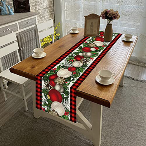 2X Linho Vermelho e Preto Xadrez Xadrez Corredor de Mesa de Natal 72 Polegadas Longa Sazonal Inverno DecoraçãO de Mesa de Natal 1