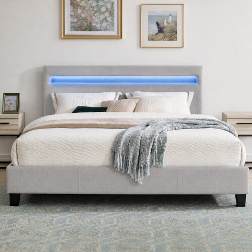 Comfy Living (5ft Kingsize, No Mattress) Light Grey Fabric Modern Bed Frame With LED 3ft 4ft 4ft6 5ft 1
