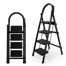Black 4-Step Ladder Foldable Lightweight Household Steel Ladder up to 150 kg — stepladder with tray, slim folding ladder