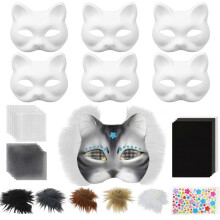 6 Cat Masks for Painting,Cat Masks to Decorate,DIY Graffiti Blank Cat Mask with Fur Self Adhesive Felt Sheet Eye Mesh and Colour Pigment,for