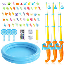 Magnetic Fishing Game, HOVCEH 61 PCS Fish Toys, Paddling Pool Toys with 50 Colorful Fish, 3 Fishing Rod, 3 Landing Net, 1 Round Pool, 1 Air Pump