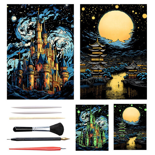 Scratch Art for Adults and Kids - 2-Piece Luminous Rainbow Scratch Notes Kit with Scratching Tools