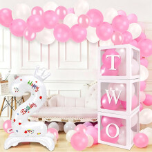 SelfTek TWO Boxes Birthday Decorations, 3 Pcs Transparent Balloon Boxes with TWO Letters, 32 Inch Number 2 and 24 Pink White Balloons