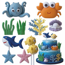 12Pcs Under The Sea Cake Decorations Set - Ocean Theme Party Supplies with Shark Octopus Starfish Coral