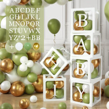 105Pcs Baby Shower Decorations Boxes,6 Sage Green Baby Shower Balloons Boxes with Letters(BABY+A-Z),45 Sage Green Gold White Balloons,Baby Boxes for