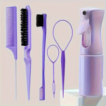 (Purple) Hair Brush Set Hairdressing Spray Bottle Hair Braiding Loop Rat Tail Comb 6pcs