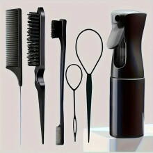 (Black) Hair Brush Set Hairdressing Spray Bottle Hair Braiding Loop Rat Tail Comb 6pcs