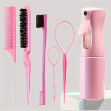 (Pink) Hair Brush Set Hairdressing Spray Bottle Hair Braiding Loop Rat Tail Comb 6pcs