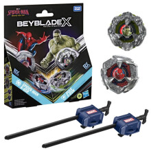 Beyblade X and Marvel, Spider-Man 6-60R against Hulk 3-85N, 2 Takara Tomy competition tops, 2 launchers, suitable for ages 8 and up.