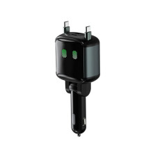 65W PD Car Charger with Built-in USB-C Cable Robot Design 12V-24V Adapter with USB-A & USB-C and Atmosphere Light
