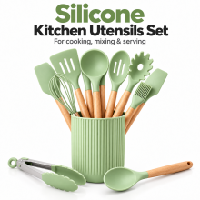 12Pc Silicone Kitchen Utensil Set Wooden Handles Cooking Tools Holder Sage Green