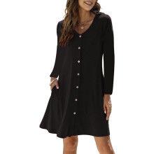 Robe Midi Évasée Noire pour Femme avec Poches et Col en V Taille S — robe coton femme, tenue printemps ete
