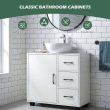 Bathroom Vanity Unit Under Sink Cabinet with Doors, 3 Drawers & Adjustable Shelf, U-Shaped Cut-Out, White Bathroom Storage Cabinet, 70 x 30 x 64 cm