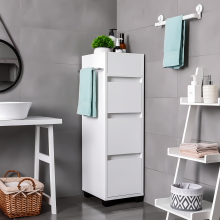 Narrow Bathroom Storage Cabinet with 3 Drawers & 4 Compartments, Slim Space Saving Unit with Towel Holder, White, 30 x 90 x 30cm