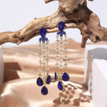 (Blue) Chic Trendy Tassel Drop Earrings With Colorful Crystals Women Accessory For