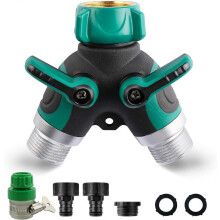 Conector divisor de manguera de 2 vías para grifo de agua de jardín con mango de bloqueo ajustable.