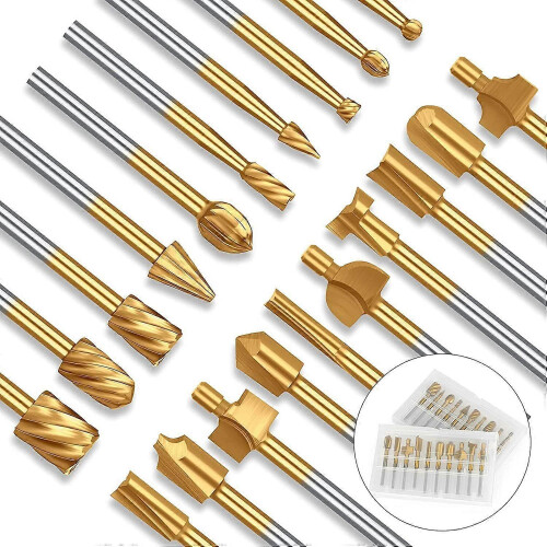 Titanium Coated 20pc Router Bit Set 10 HSS + 10 Carbide Engraving Bits for Woodworking