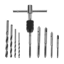 Juego de 9 piezas de brocas helicoidales para machos de roscar con llave de trinquete ajustable en forma de T.
