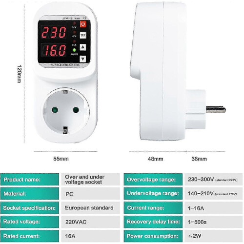 EU Dual Di Surge Protector Socket 16A AC220V Adjustable Voltage Current Limiting Voltmeter Automatic 2