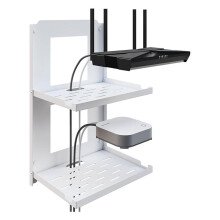 2-Tier Foldable Wall Mount Router Shelf, 10 Inch Outlet Shelf with Cable Holes for Router Modem White