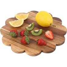 11.8" Round Scalloped Natural Hardwood Cutting Board, Decor Serving Platter for Cheese, Meat & Fruit