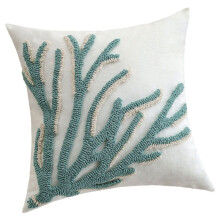 Tufted Decorative Throw Pillow Cover 18Inch Coastal Green Coral & Shell Pattern Square Cushion Cover Home Decor B