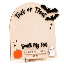 Trick or Treat Smell My Feet Wooden Halloween Sign with Stand 2026 - DIY Paint Kit with 3D Bats Pumpkin Tags A