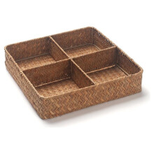 Seagrass Storage Basket with 4 Dividers Square Wicker Snack Box Organizer for Countertop (11.4 X 11.4 X 2.4 Inch)