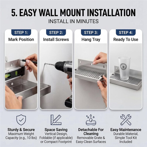 Beer Drip Trays Draft Drip Tray Wall Mount No Drain for Kegerators Beer Taps and Draft Systems Restaurants Kitchens Bars 2