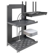 2-Tier Foldable Wall Mount Router Shelf, 10 Inch Outlet Shelf with Cable Holes for Router Modem Black