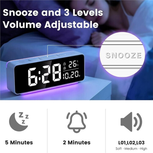 Compact Digital Alert Clock with RGB Night Light, Dual Alarms, Snooze, Dimmer & Temp Display 2