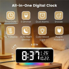Compact Digital Alert Clock with RGB Night Light, Dual Alarms, Snooze, Dimmer & Temp Display