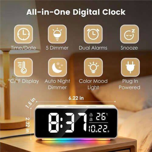 Compact Digital Alert Clock with RGB Night Light, Dual Alarms, Snooze, Dimmer & Temp Display