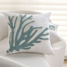Housse de Coussin Décorative Capitonnée 45 cm, Motif Corail et Coquillages Bleu-Vert Côtier, Housse de Coussin Carrée, Décoration Intérieure A