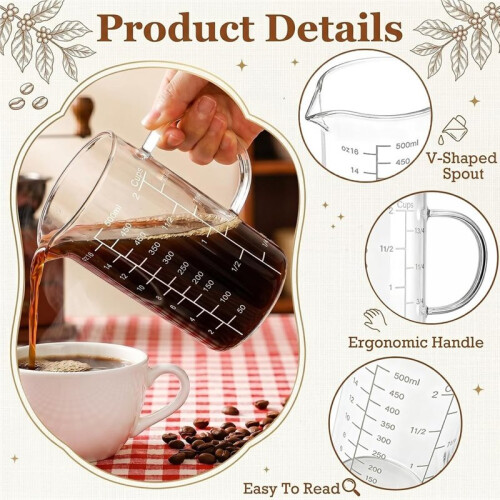 2 Pack Glass Liquid Measuring Cup 500ML 2 CUP with Handle, High Borosilicate Glass Measuring Beaker Three Scales 2