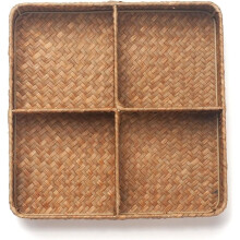 Seagrass Storage Basket with 4 Dividers Square Wicker Snack Box Organizer for Countertop (11.4 X 11.4 X 2.4 Inch)