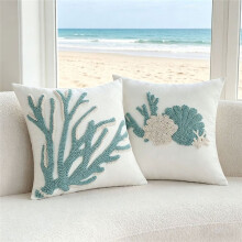 Housse de Coussin Décorative Capitonnée 45 cm, Motif Corail et Coquillages Bleu-Vert Côtier, Housse de Coussin Carrée, Décoration Intérieure B